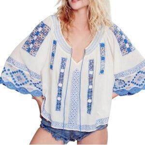 Free People Silver Spring Blue and White Embroidered Crochet Boho Blouse XS